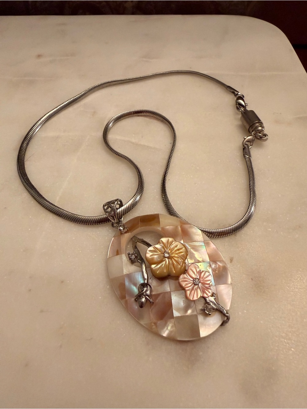 Mosaic Mother-of-Pearl Floral Pendant Necklace with Two-Tone Flower Accents - Picture 11 of 11